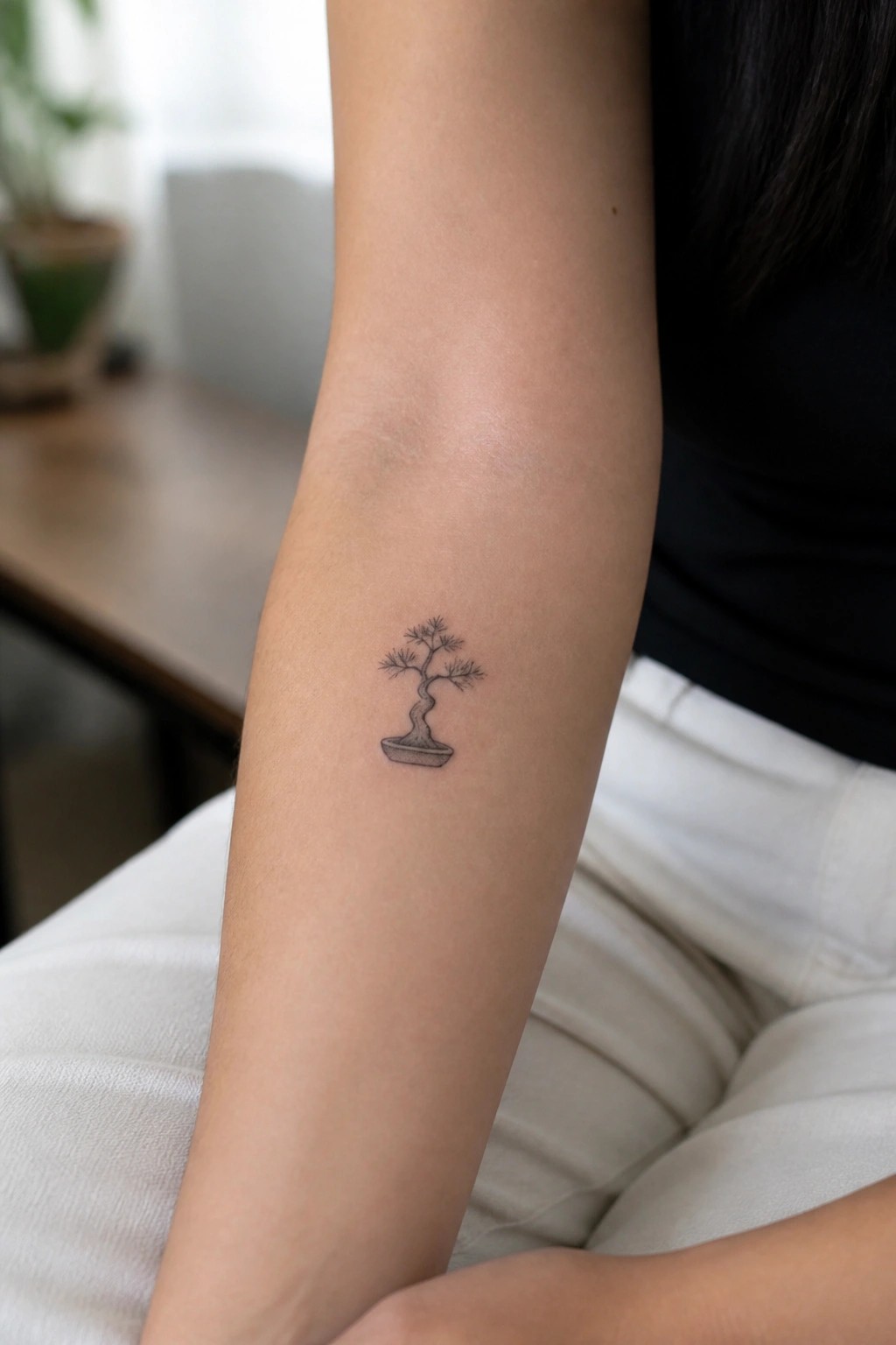 Small black ink bonsai tree tattoo on inner forearm with black top and light pants
