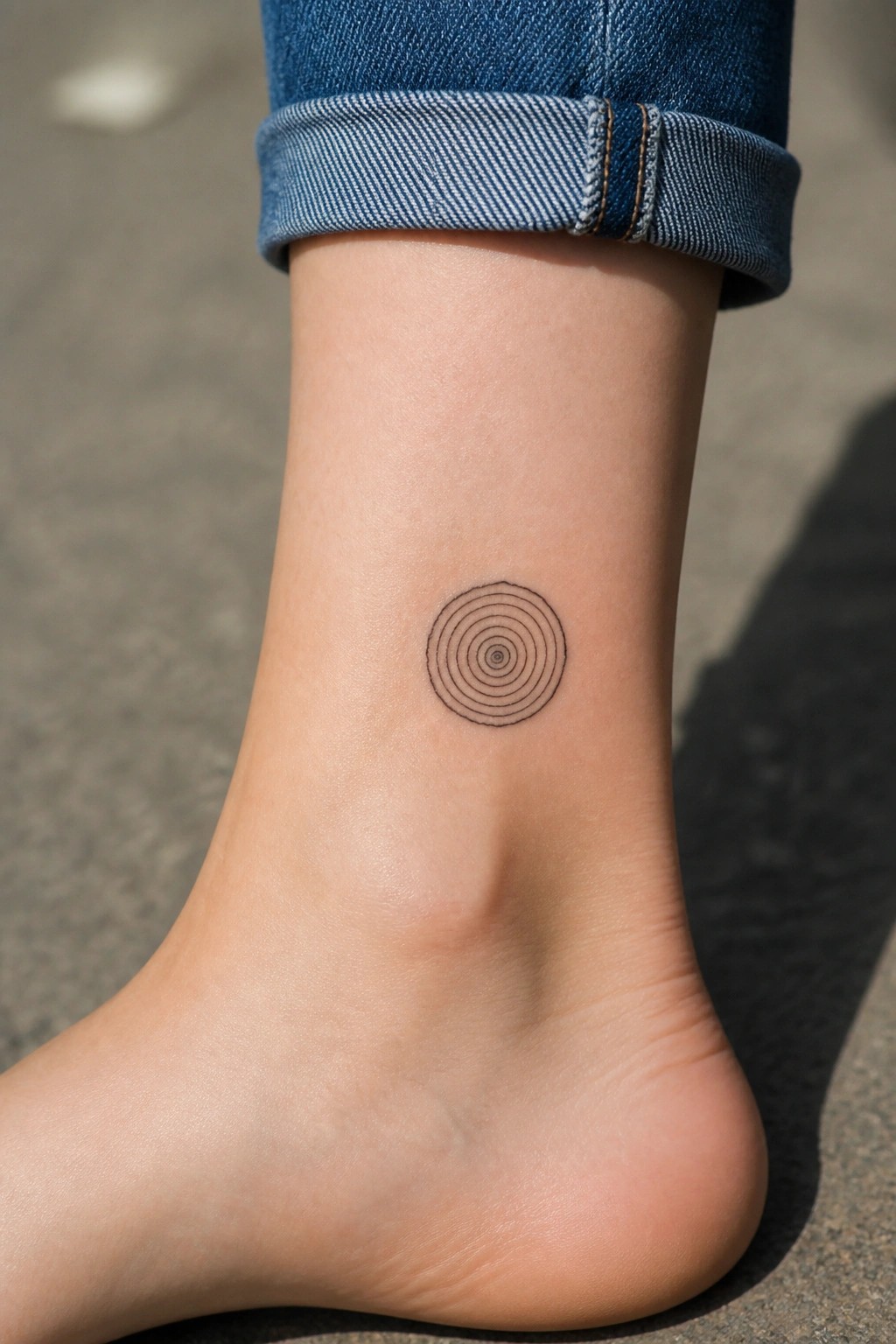 Ankle with concentric circle tattoo, cuffed blue jeans, bare foot on sunny pavement.