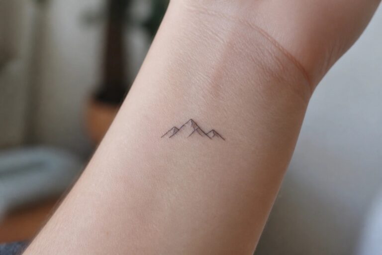 22 Fresh Small Nature Tattoos for Women Inspired by Mountains, Waves, and Trees Small black line tattoo of three mountain peaks on the inner wrist