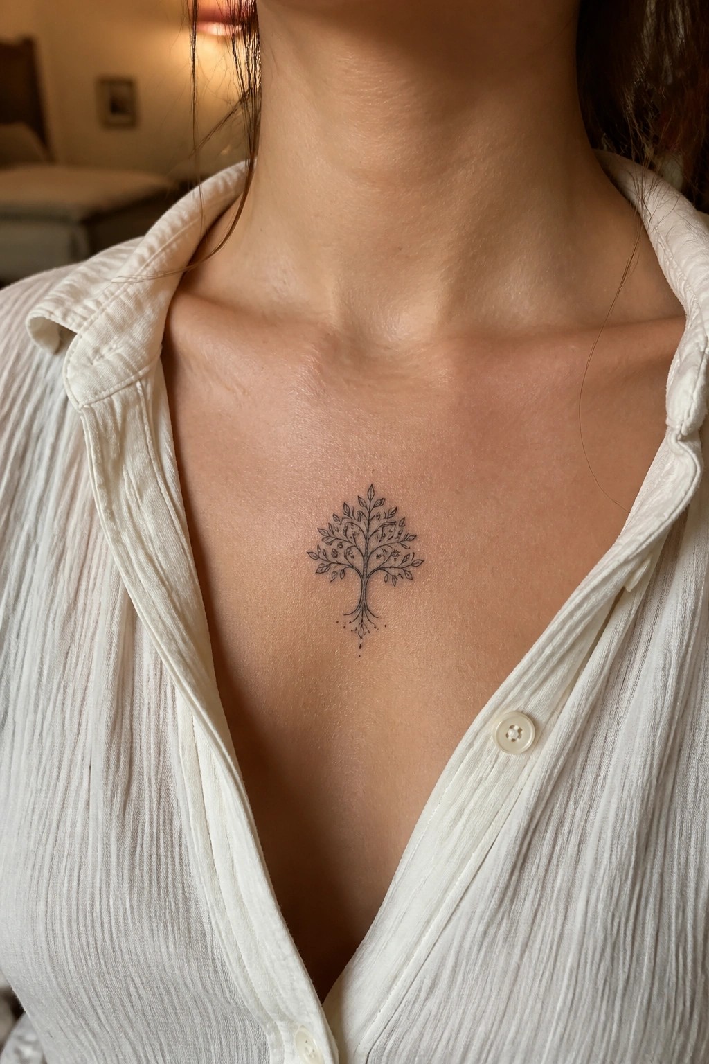 Small fine line tree tattoo centered on the upper chest below the neck.