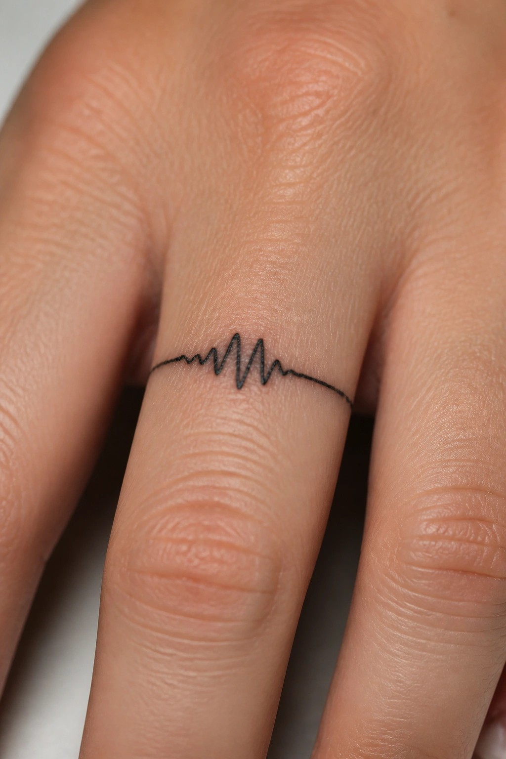 Black heartbeat waveform tattoo across light-skinned finger in close-up.
