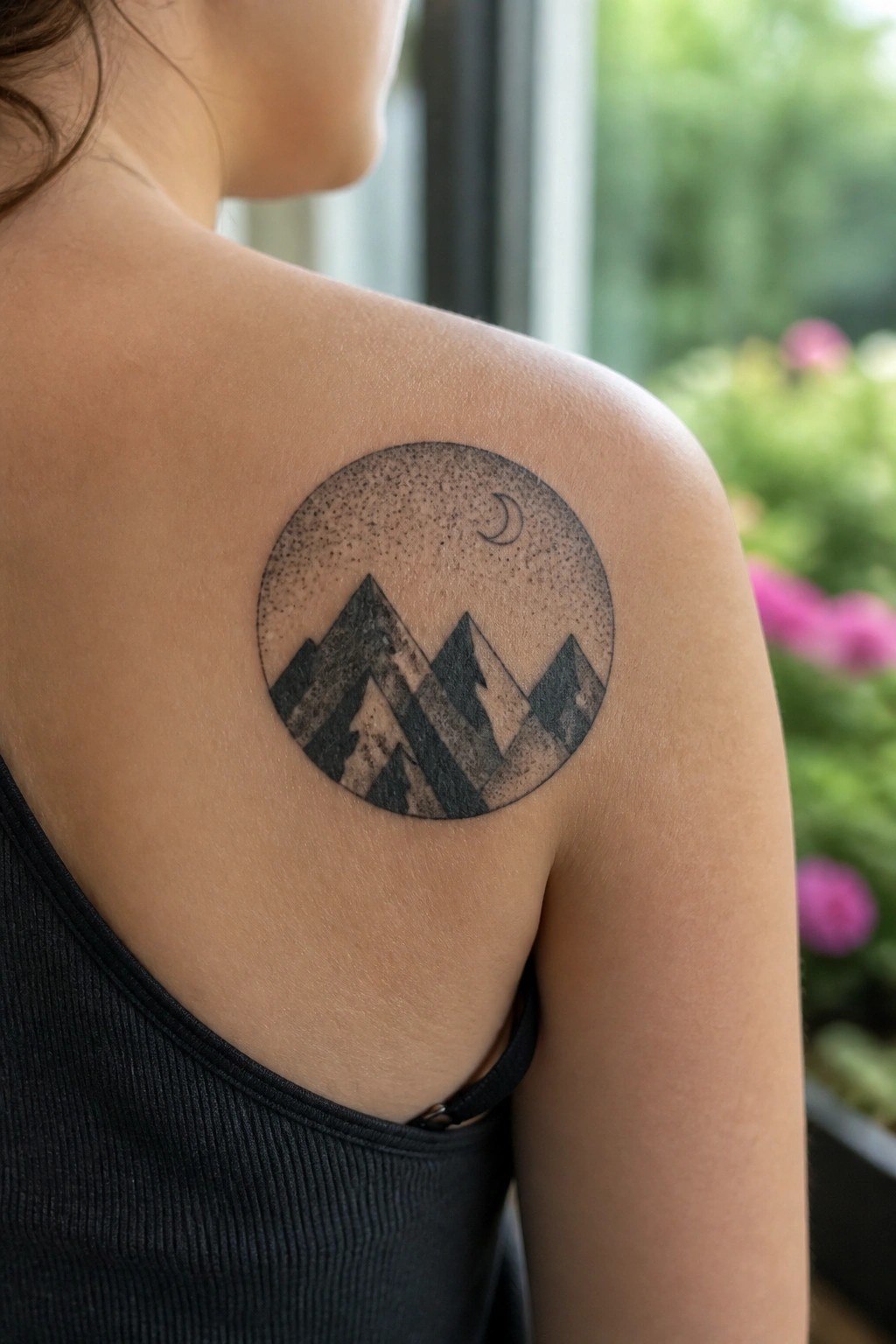 Woman's shoulder in black tank top with circular mountain moon tattoo in black ink