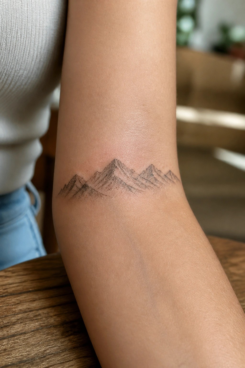 Stippled black mountain range tattoo on forearm with white sweater and jeans.