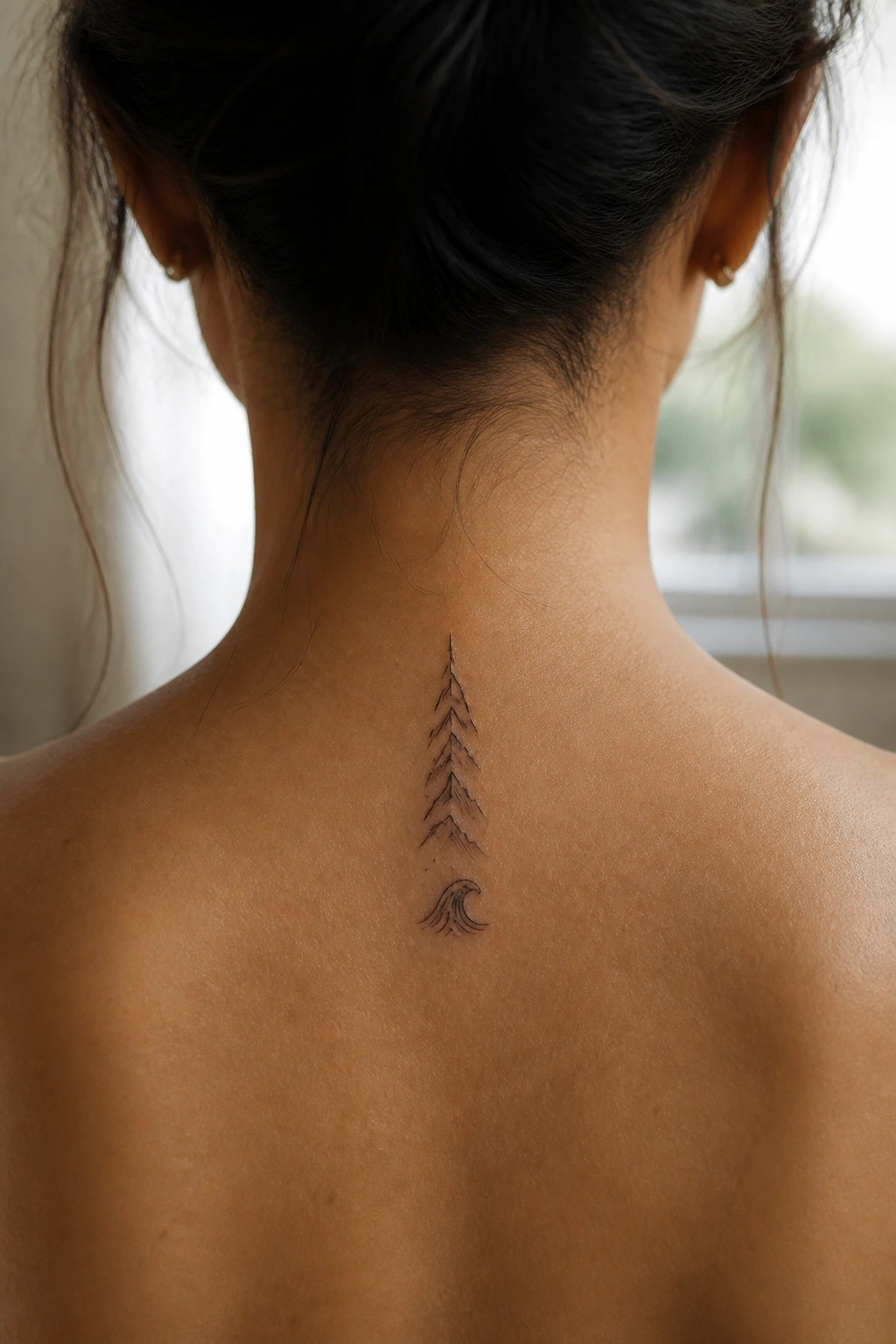 Woman's upper back with dark bun and vertical mountain-wave tattoo