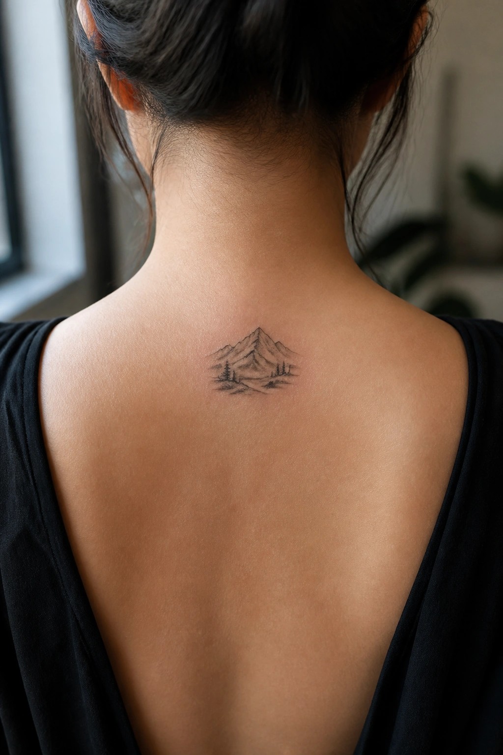 Small fine line tattoo of mountains and trees on a woman's upper back