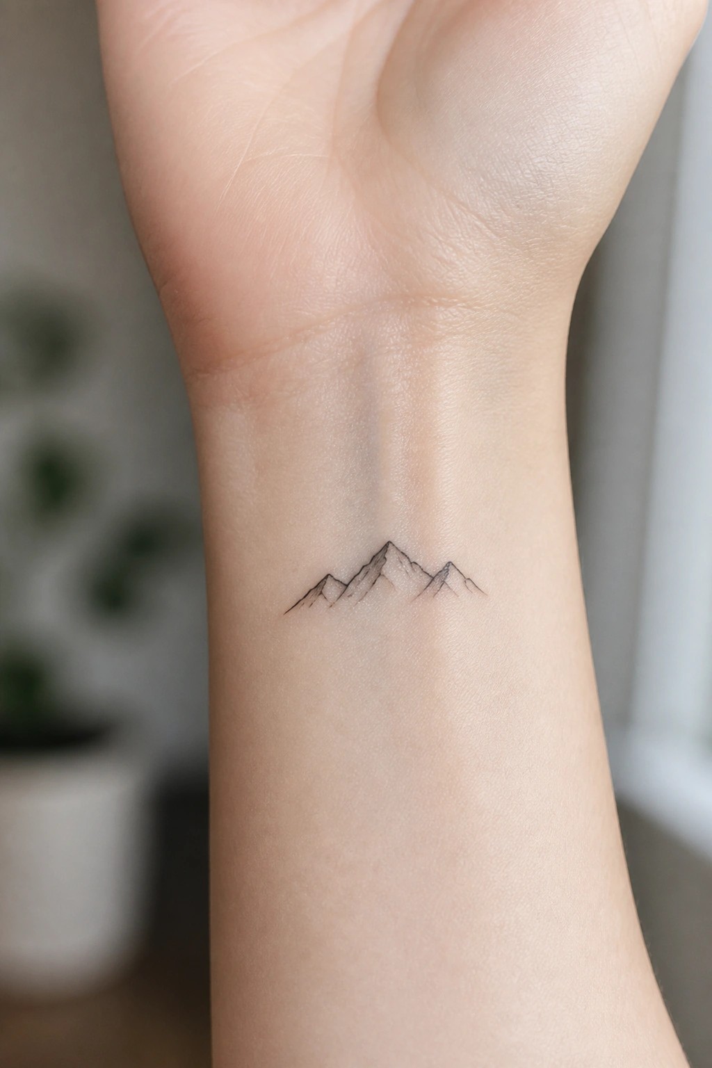 Small black line tattoo of three mountain peaks on the inner wrist