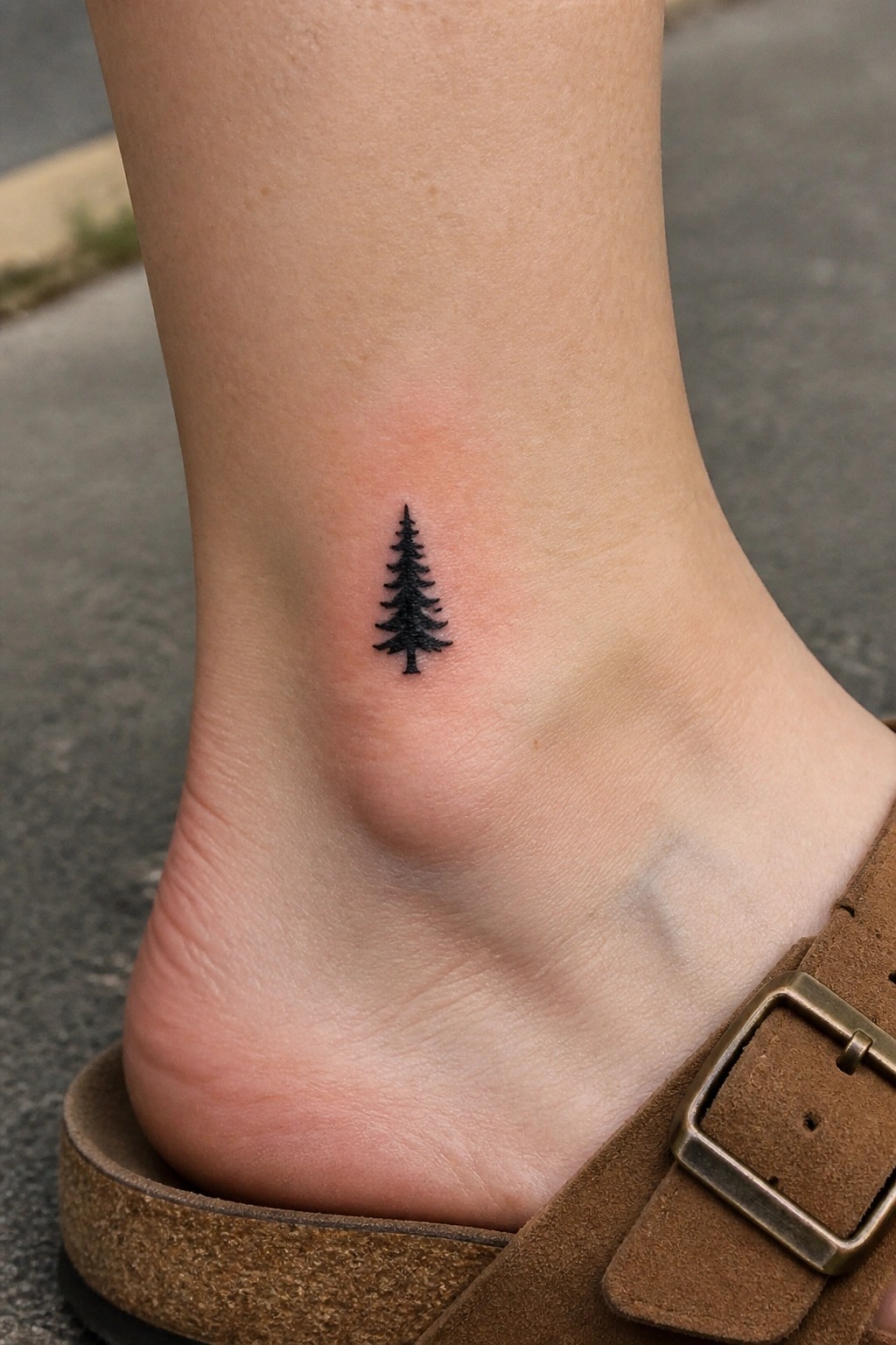 Black pine tree tattoo on ankle above brown buckled sandal, slight redness visible