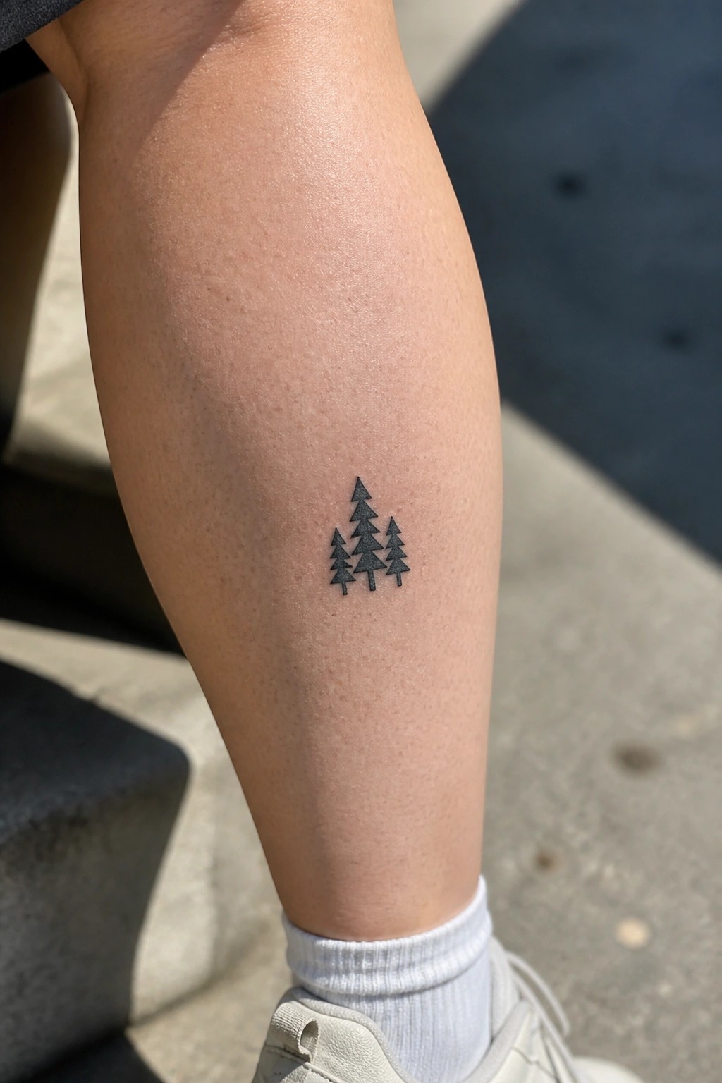 Small black ink tattoo of three pine trees on the lower leg above the ankle.