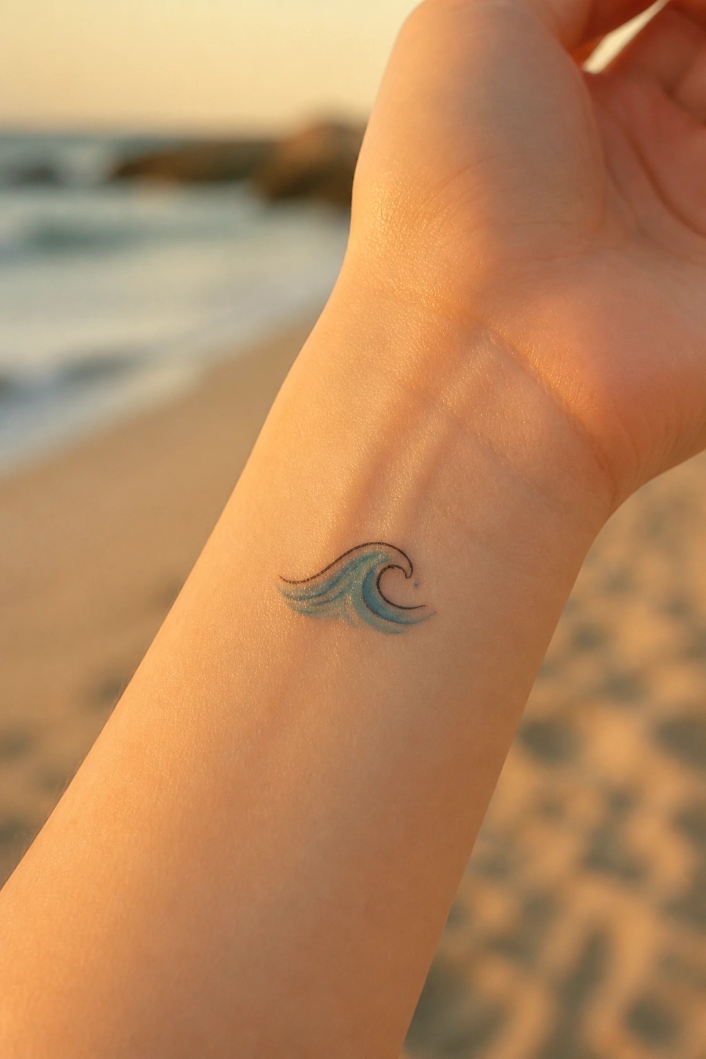 Small blue wave tattoo on wrist with sandy beach and ocean behind