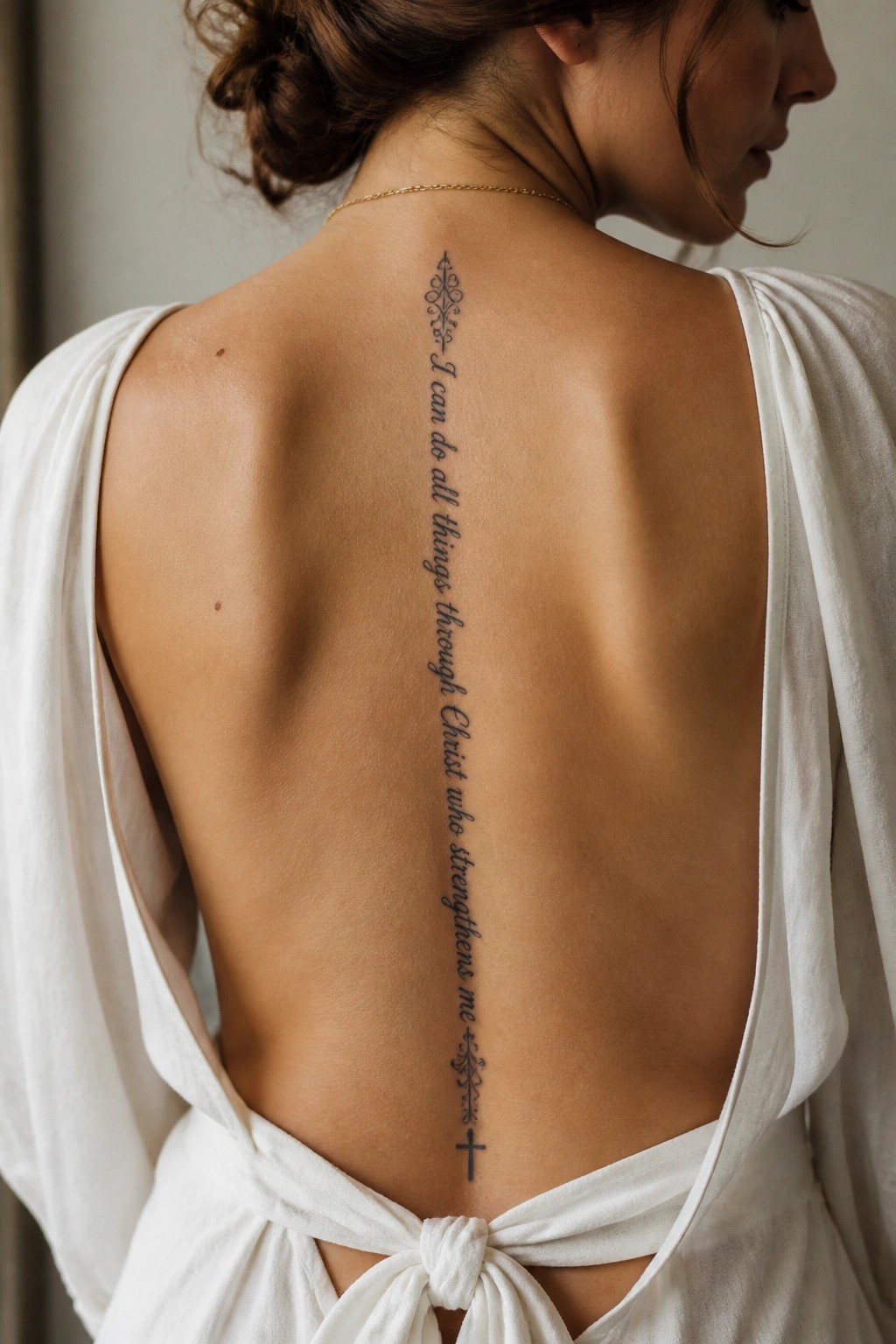 A vertical Bible verse tattoo down a woman's spine that reads