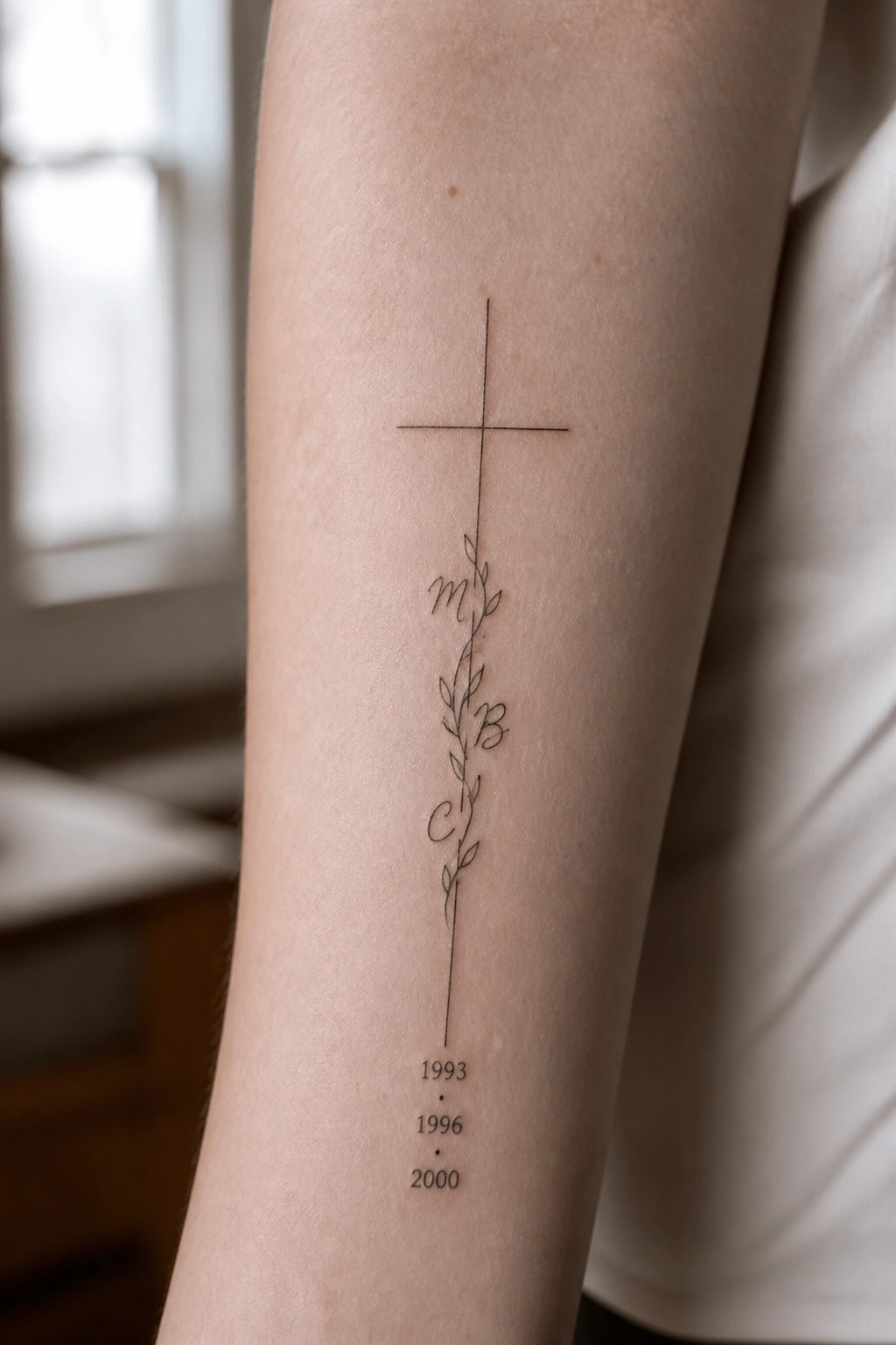 Arm tattoo of cross with vine, cursive letters m B C, and dates 1993 1996 2000