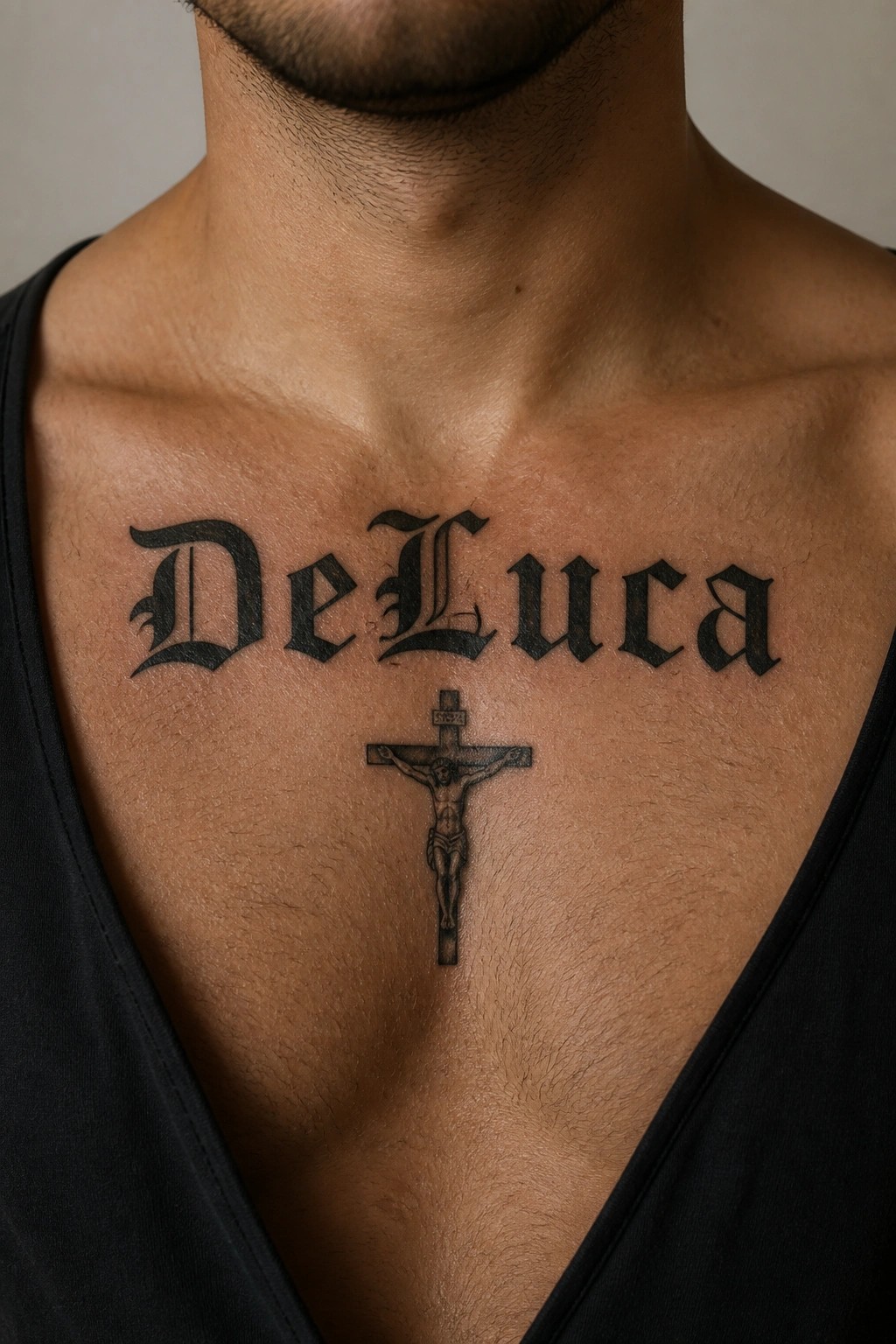 Man's chest in black tank top with