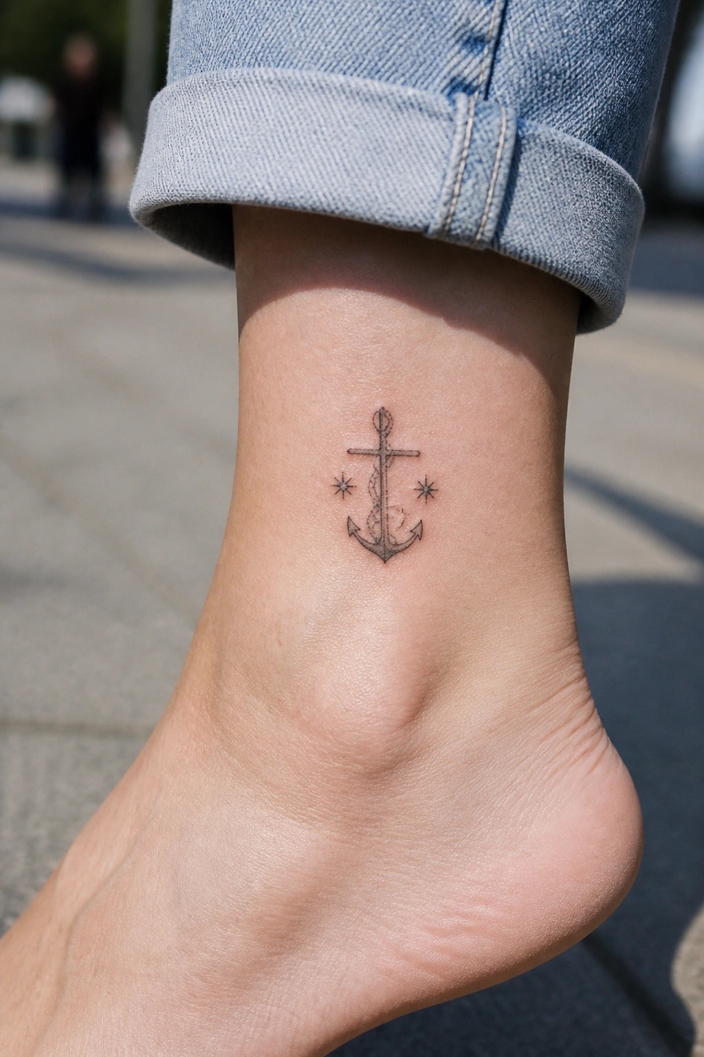 Small anchor tattoo with rope and stars on the ankle