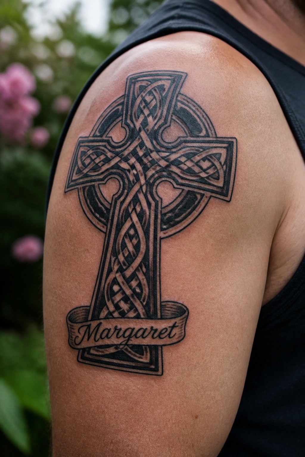 Celtic cross tattoo with Margaret banner on shoulder of black tank top wearer