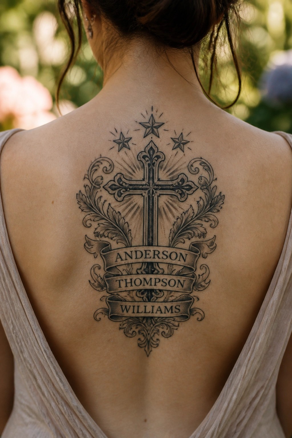 Ornate cross tattoo on woman's back with Anderson, Thompson, Williams banners and stars