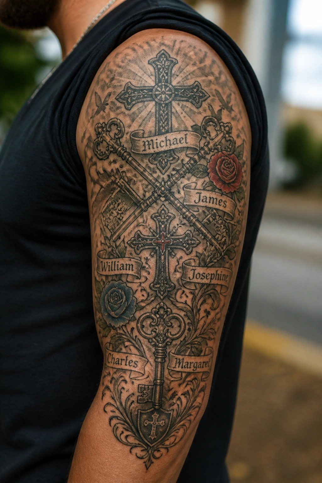 Black sleeveless shirt reveals ornate arm tattoo with crosses, keys, roses, and names.