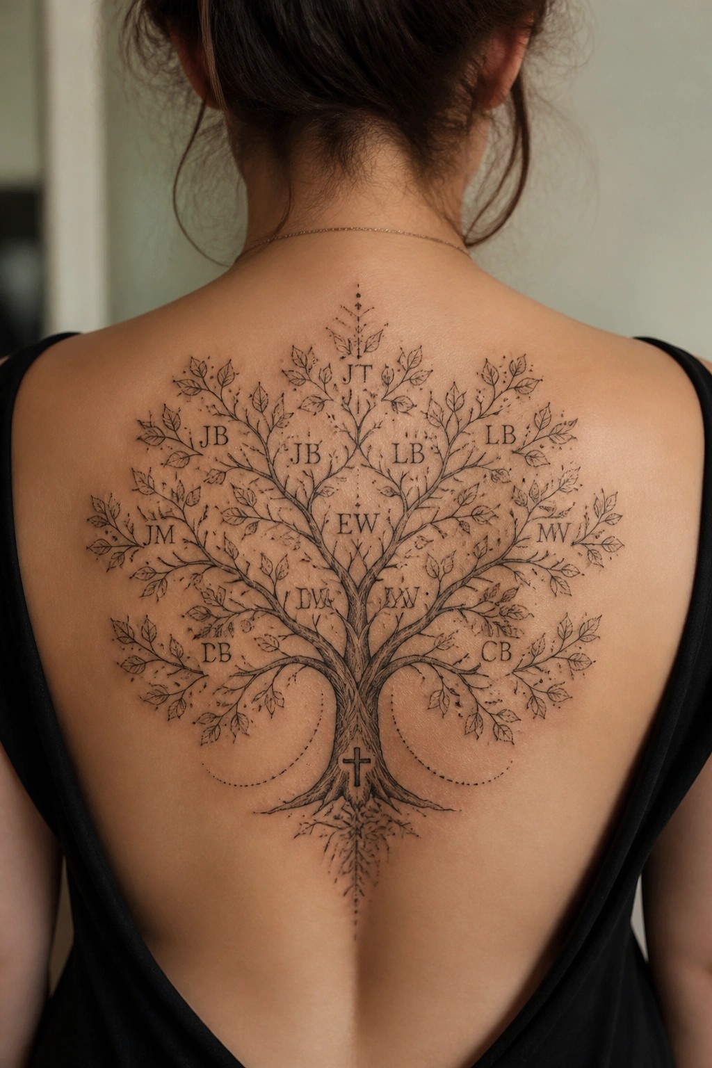 Woman's back with large tree tattoo of initials and cross, black sleeveless top.