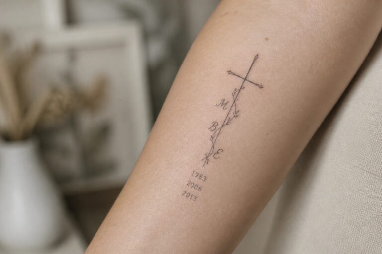 22 Heartfelt Christian Family Tattoos That Celebrate Faith Across Generations Arm tattoo of cross with vine, cursive letters m B C, and dates 1993 1996 2000