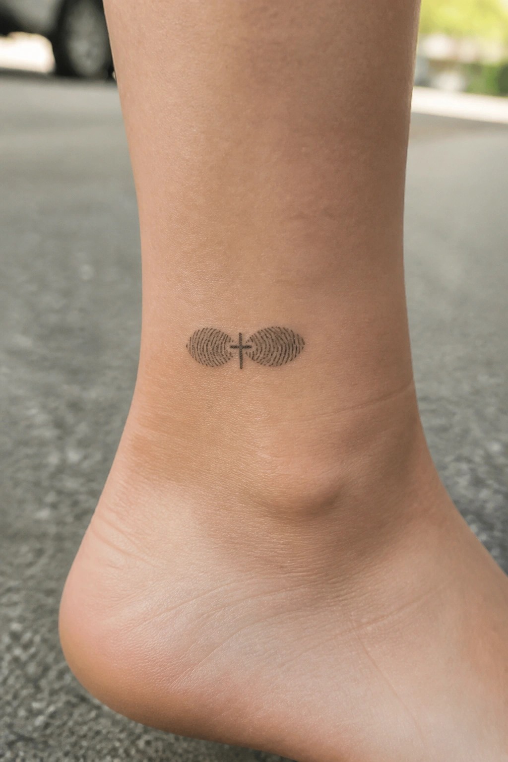 Small black ink tattoo on the ankle with two fingerprints and a cross between them