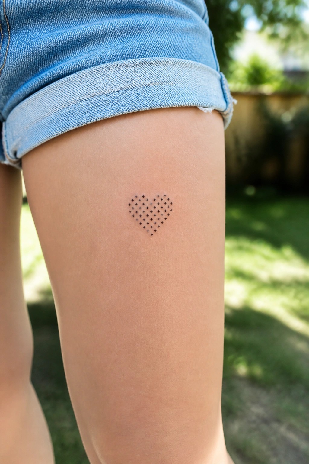 Blue cuffed denim shorts with heart tattoo of black crosses on thigh