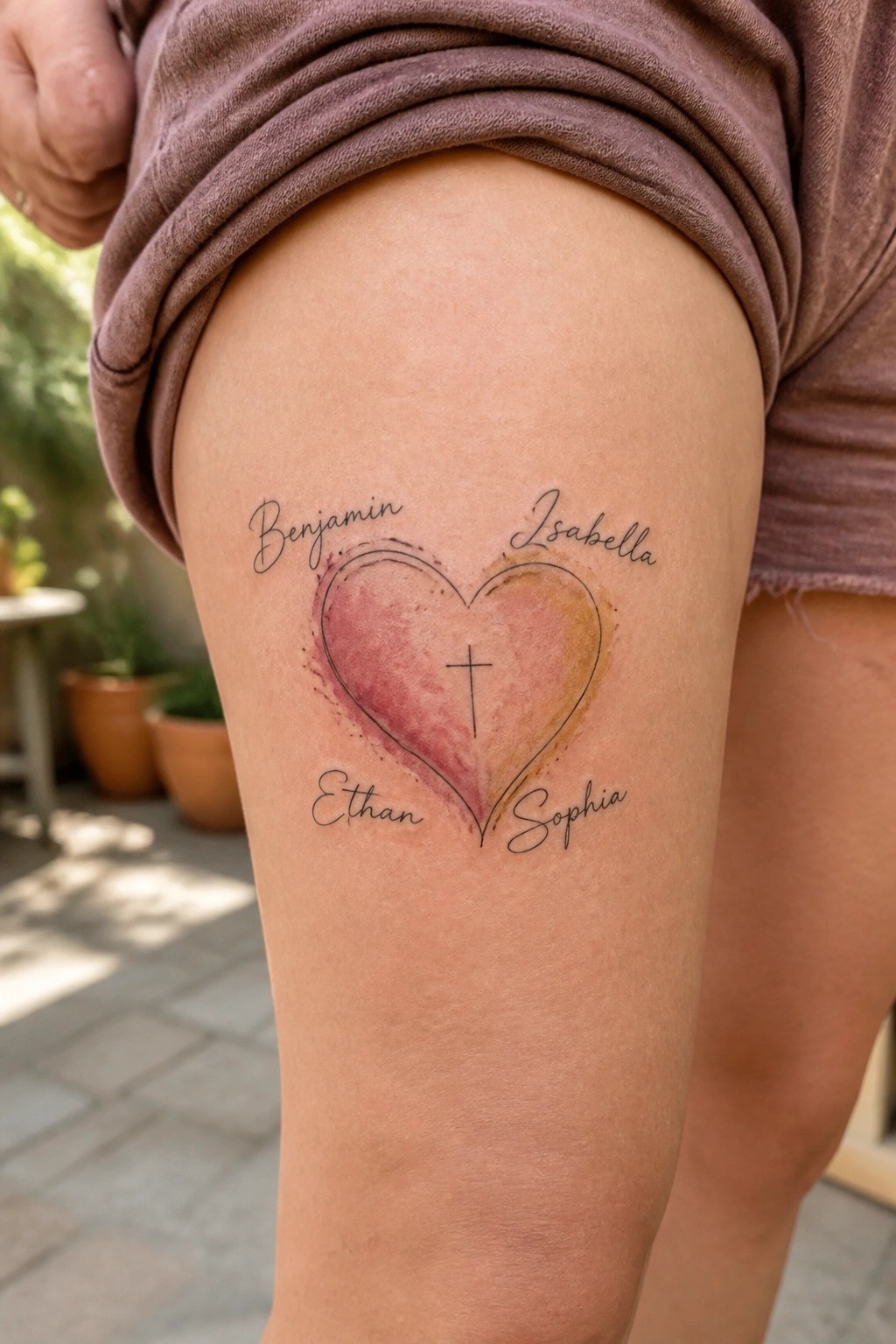Thigh with pink-orange watercolor heart tattoo and cross, names around it, mauve shirt.