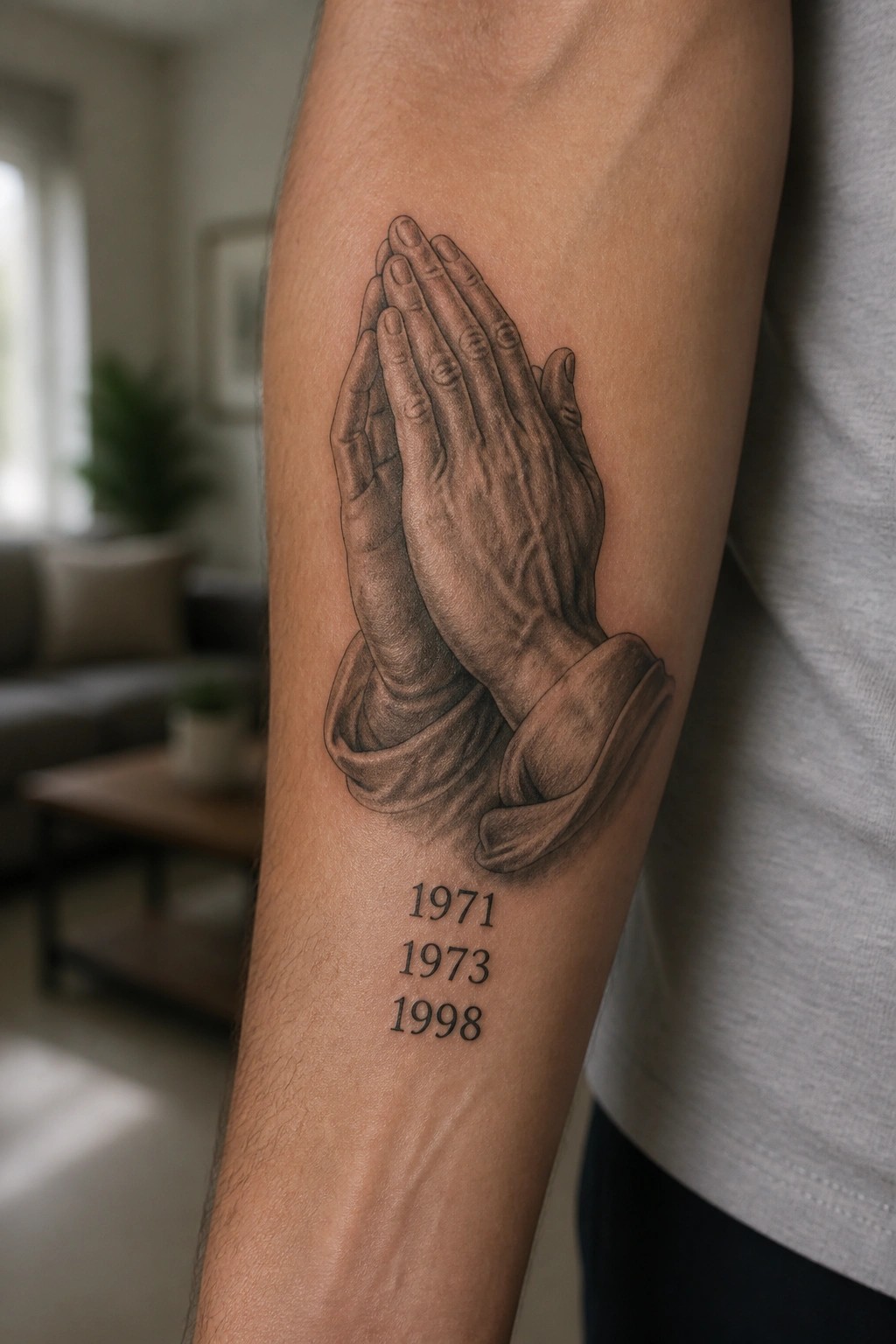Realistic black-and-gray tattoo of praying hands with years 1971, 1973, 1998 on arm