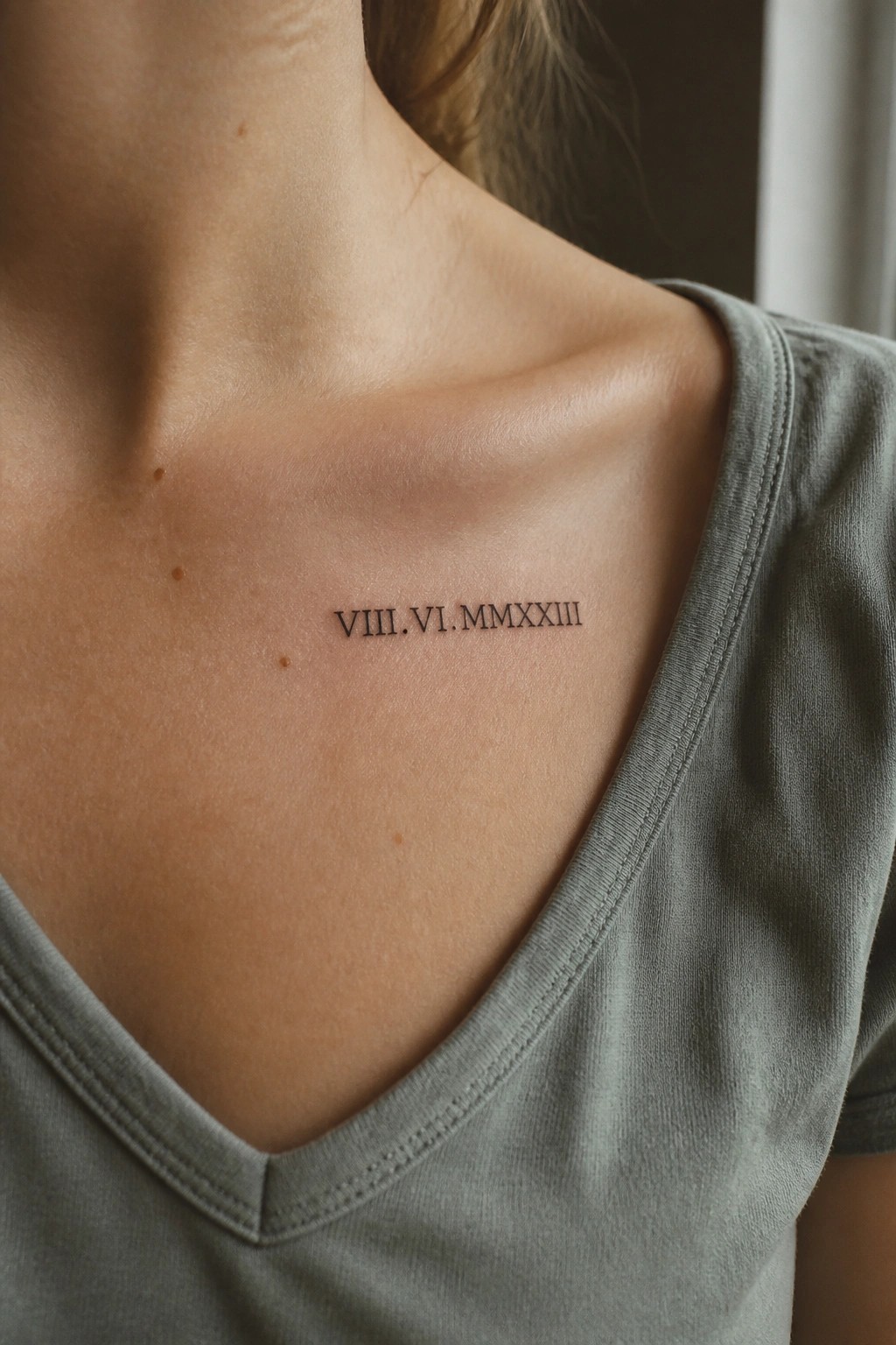 Close up of a small roman numeral date tattoo placed on the upper chest below the collarbone