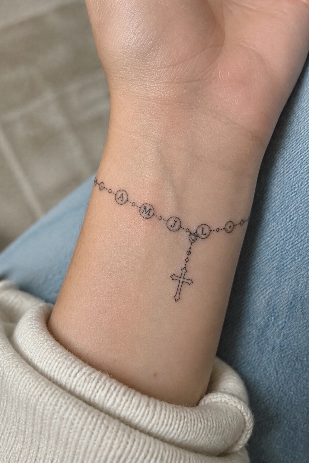Rosary tattoo on wrist with beaded A M J L letters and dangling cross above white cuff