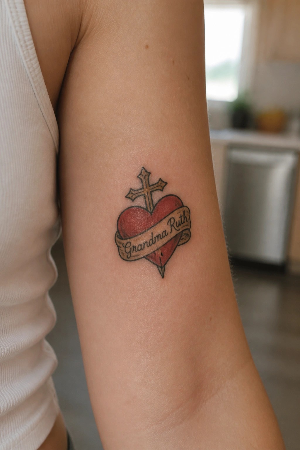 Traditional sacred heart tattoo with cross and Grandma Ruth banner on upper arm