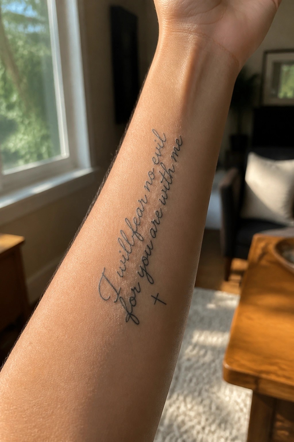 A vertical cursive tattoo on the inner forearm with the words