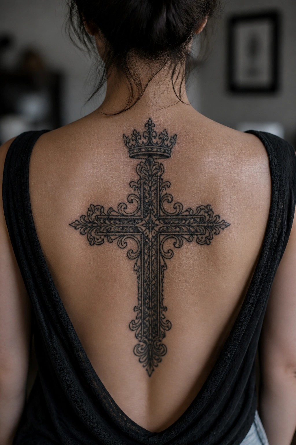 A large blackwork cross tattoo with a crown on top, centered on a woman's upper back.