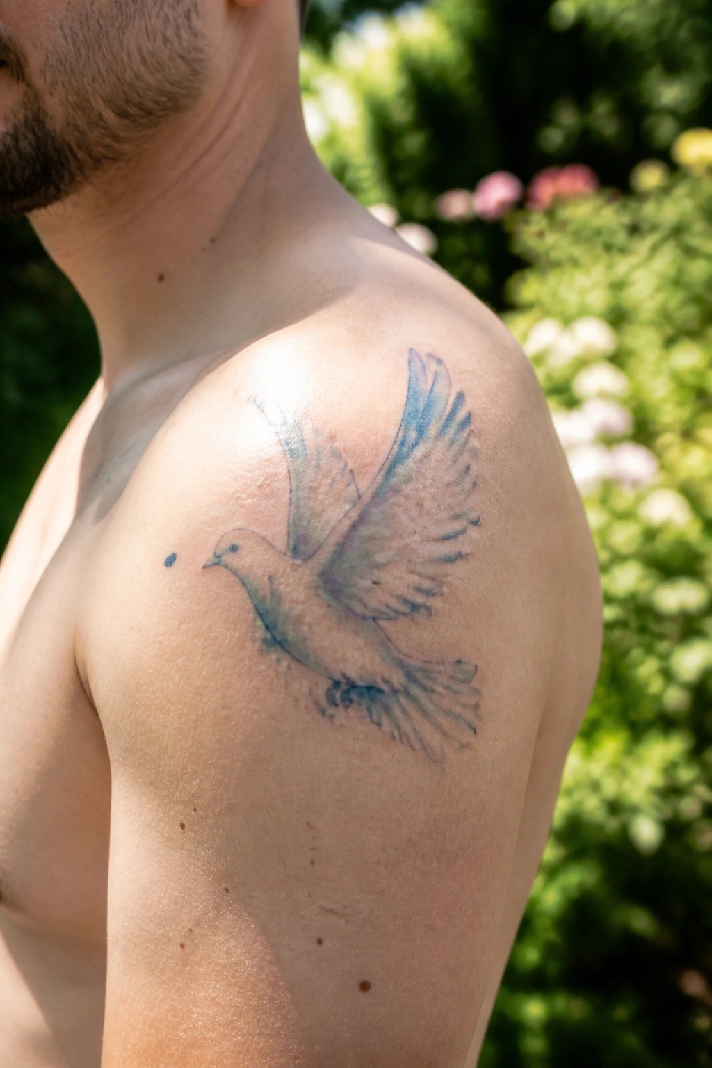 Shirtless man with watercolor blue dove tattoo in flight on shoulder.