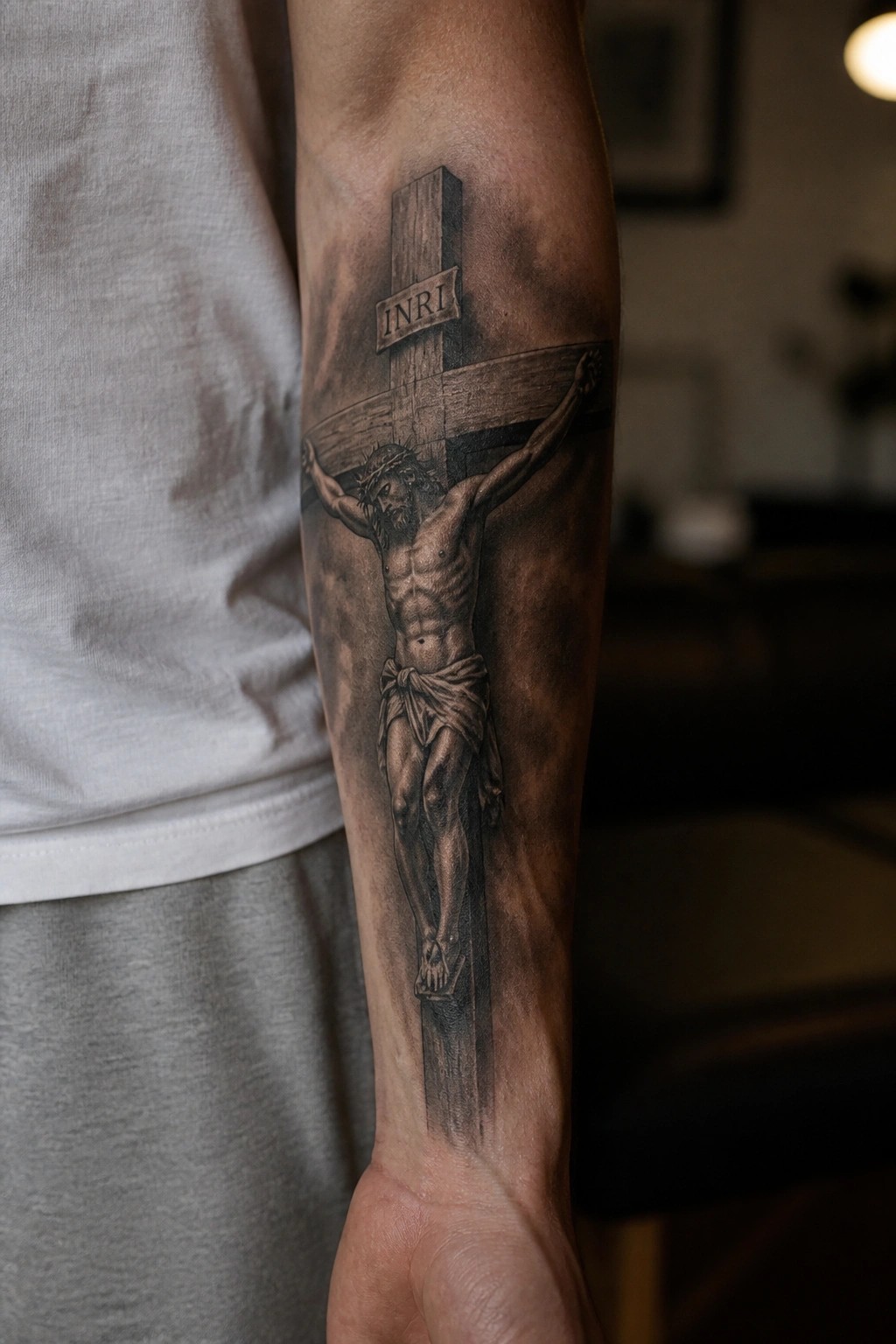 Realistic black and gray tattoo of Jesus crucified on a cross, shown vertically on the inner forearm.