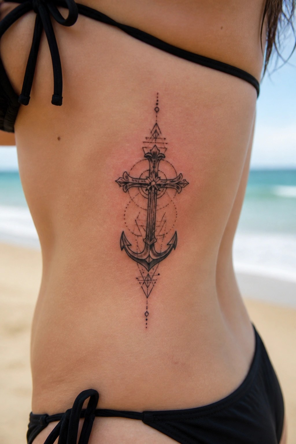 Ornate anchor-cross tattoo on side of black bikini wearer at beach