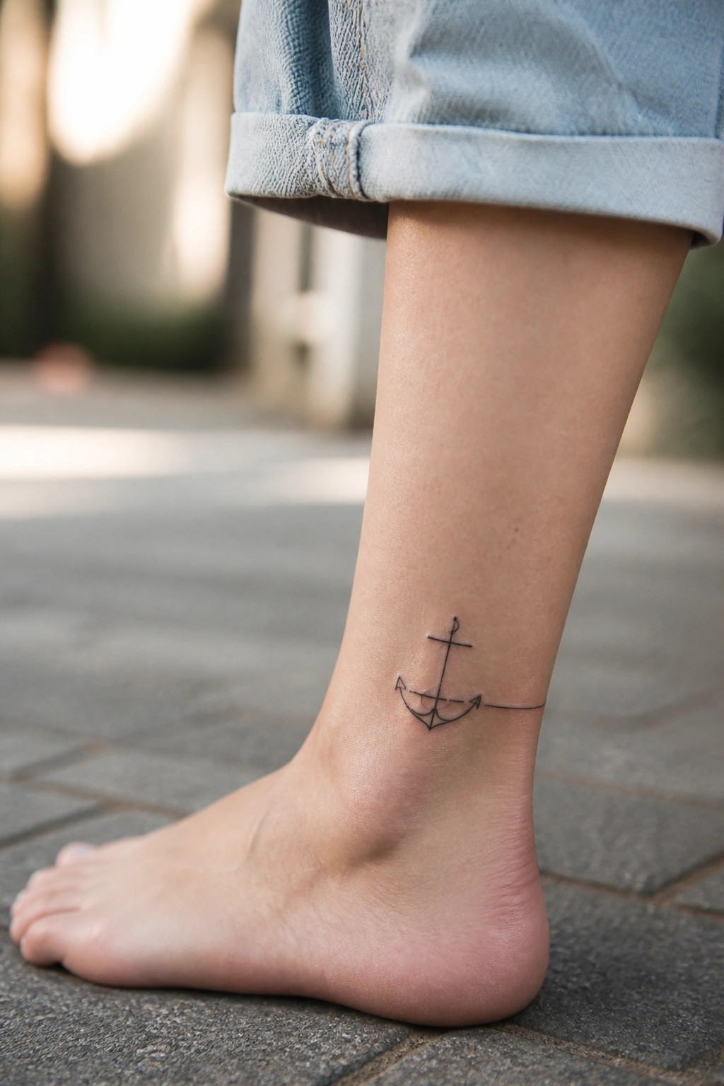 Bare ankle with black anchor tattoo under rolled-up light blue denim on pavement