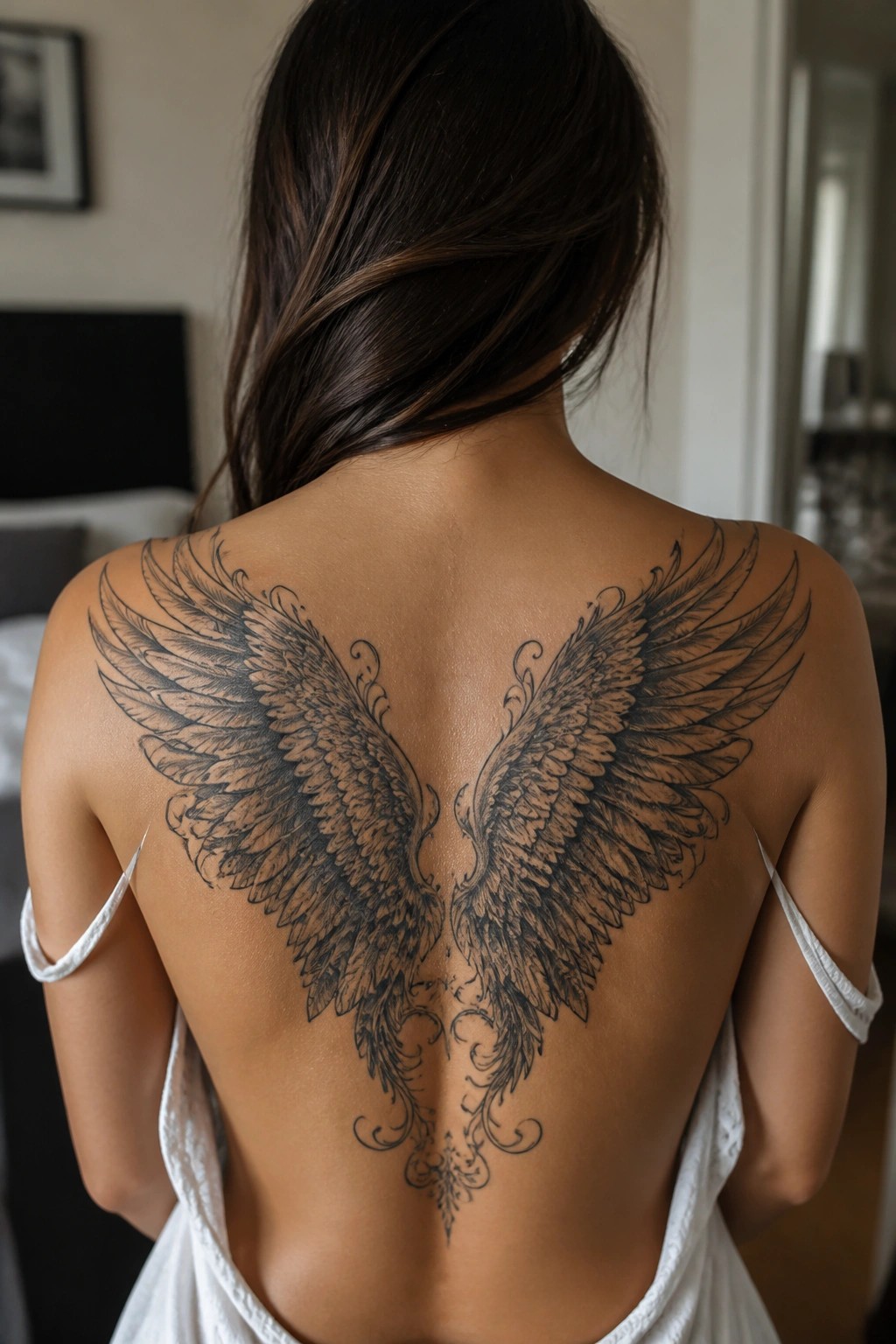 Woman's back with large detailed black angel wing tattoo and white straps