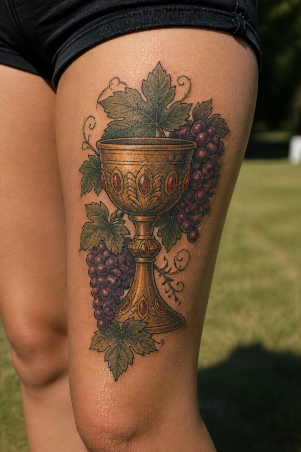 Realistic tattoo of a golden chalice with red accents, purple grapes, and green leaves on a person's thigh.