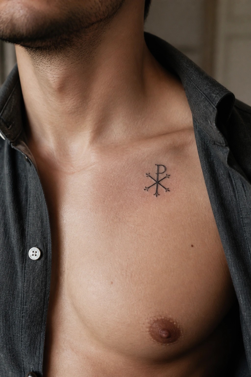Small black chi rho tattoo on a man's upper chest near the collarbone