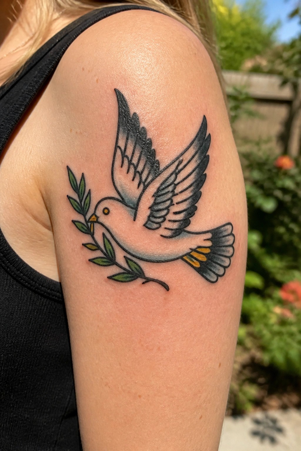 Traditional tattoo of a flying dove with an olive branch on the upper arm