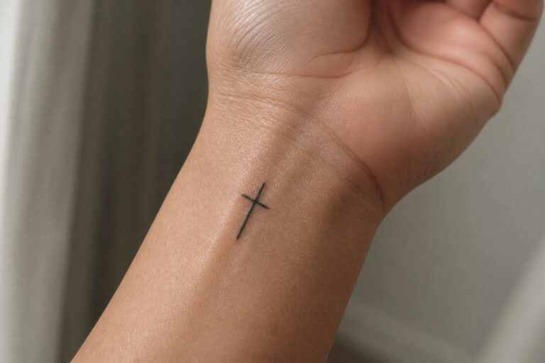 22 Meaningful Christian Tattoo Ideas That Express Faith Through Timeless Designs Wrist with small black cross tattoo and light pink manicured nails