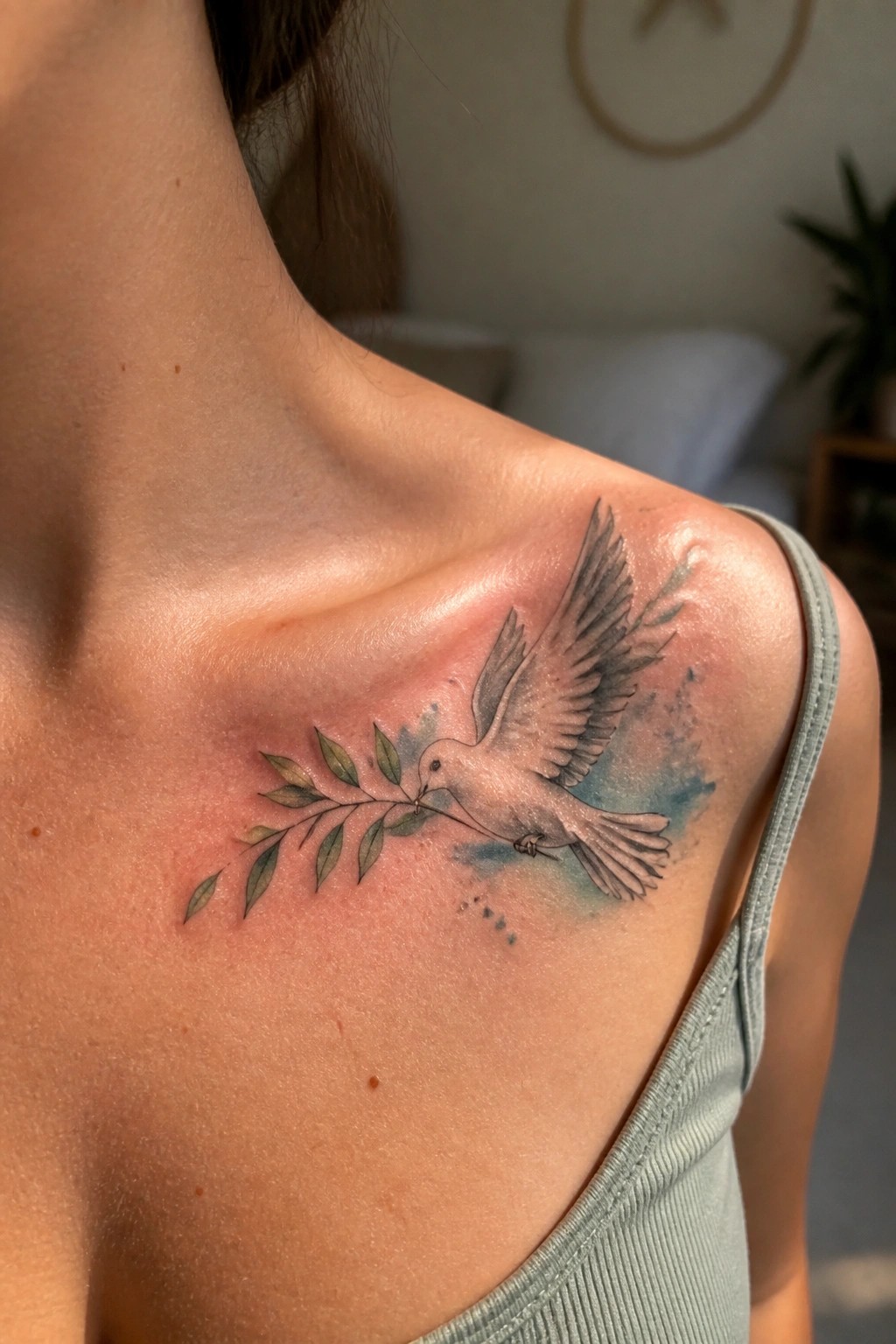 A tattoo of a dove holding an olive branch on the shoulder with soft shading and blue watercolor accents.