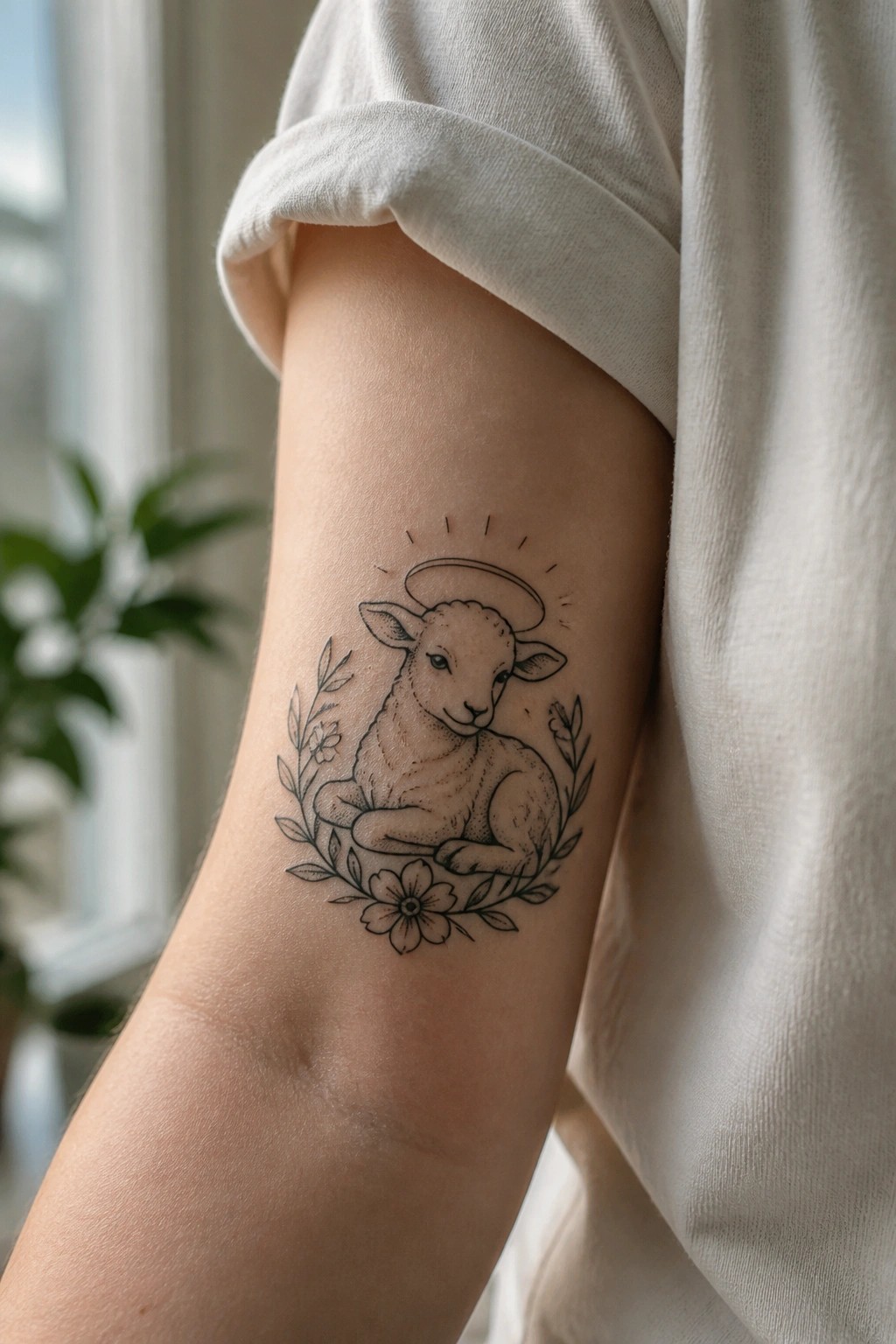 Lamb halo tattoo with floral wreath on upper arm in white shirt