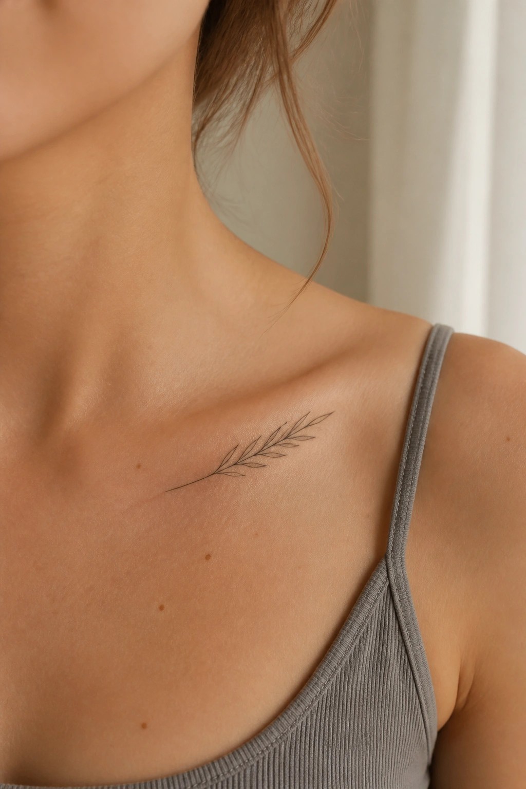 Delicate black leafy branch tattoo on collarbone above gray tank top strap