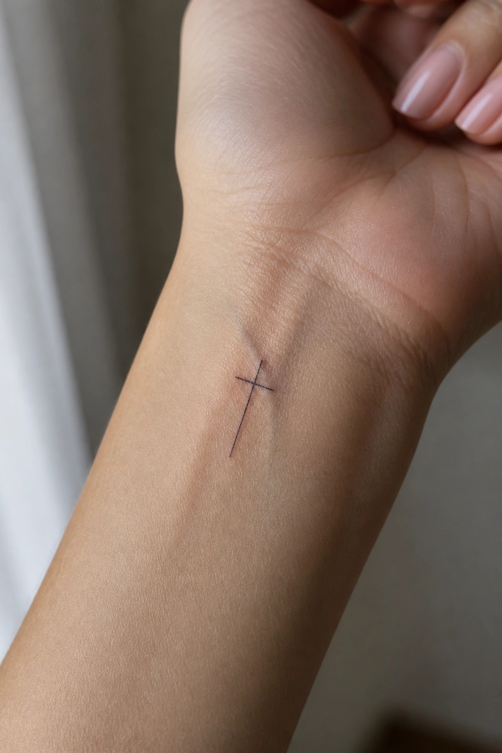 Wrist with small black cross tattoo and light pink manicured nails