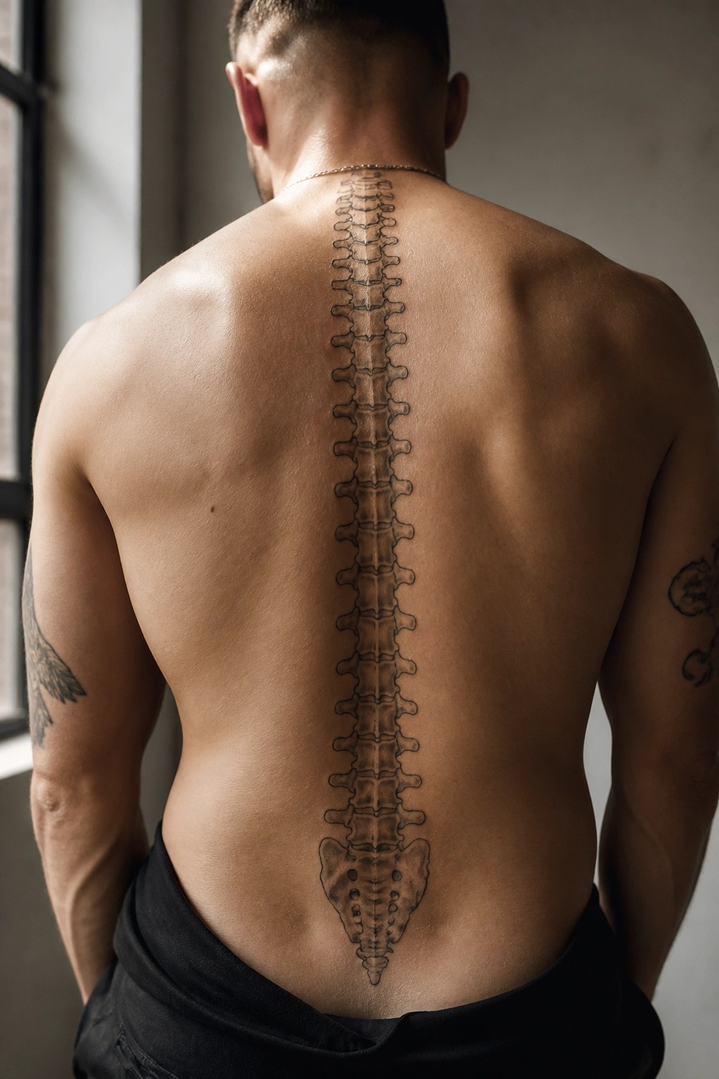 Muscular shirtless man with detailed spine tattoo down his back and arm tattoos.