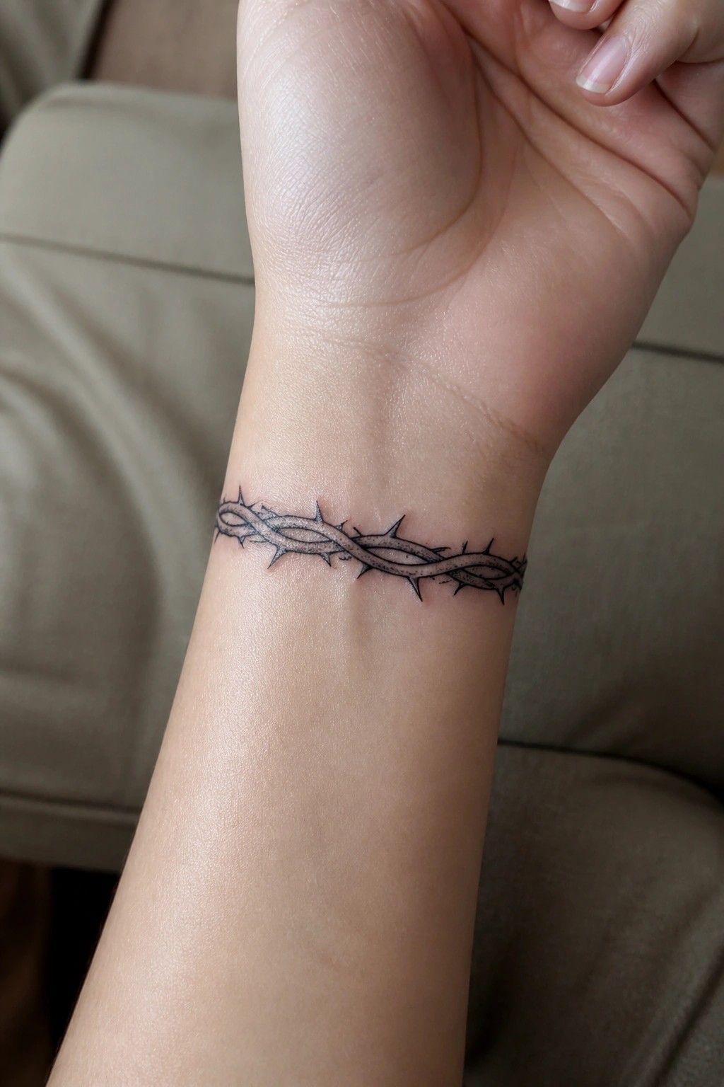 Close up of a thin black and grey tattoo showing a band of intertwined thorns wrapped around the inside of a wrist.