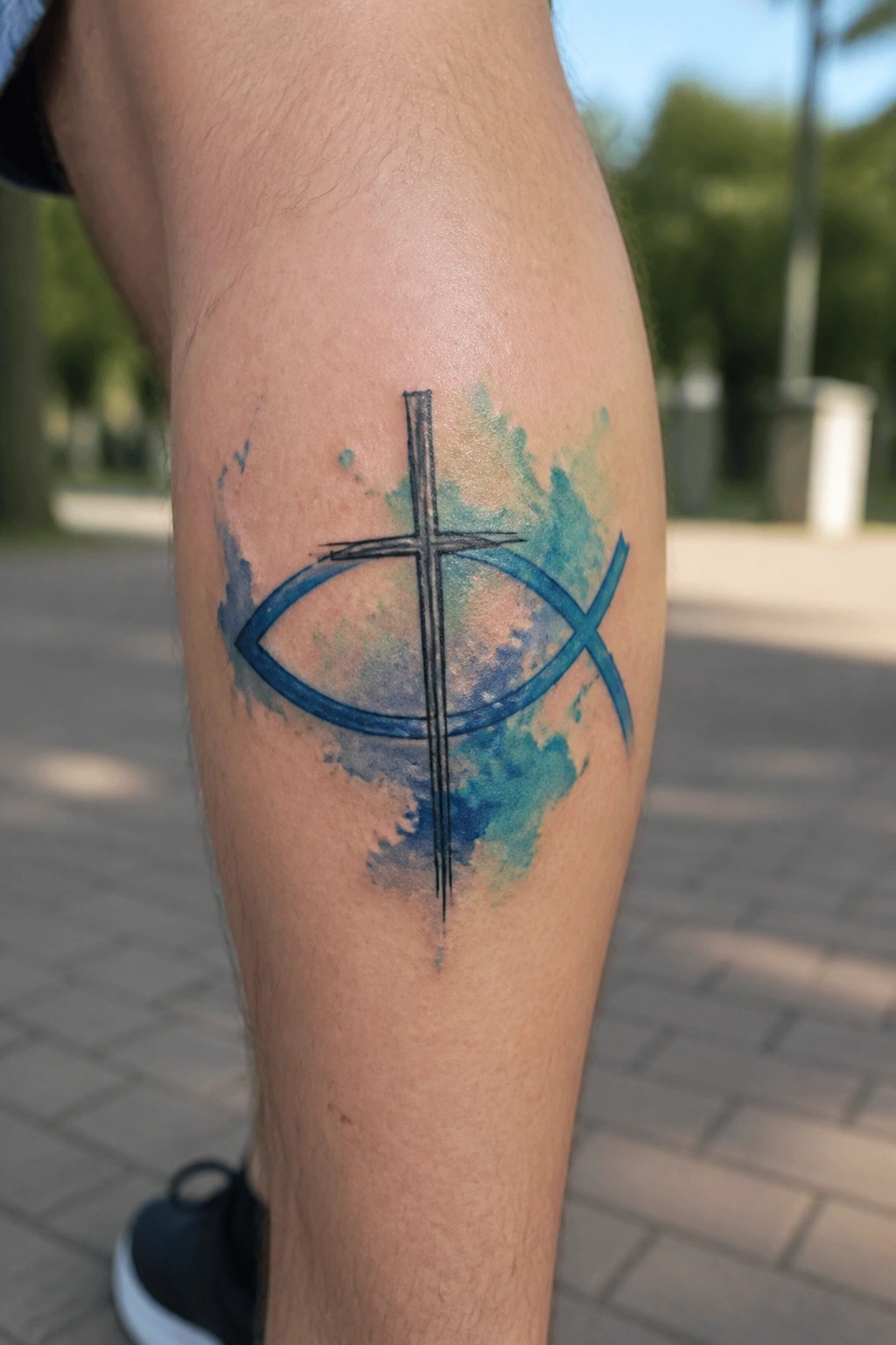 Cross and fish tattoo in black and blue with multicolored watercolor splashes on leg