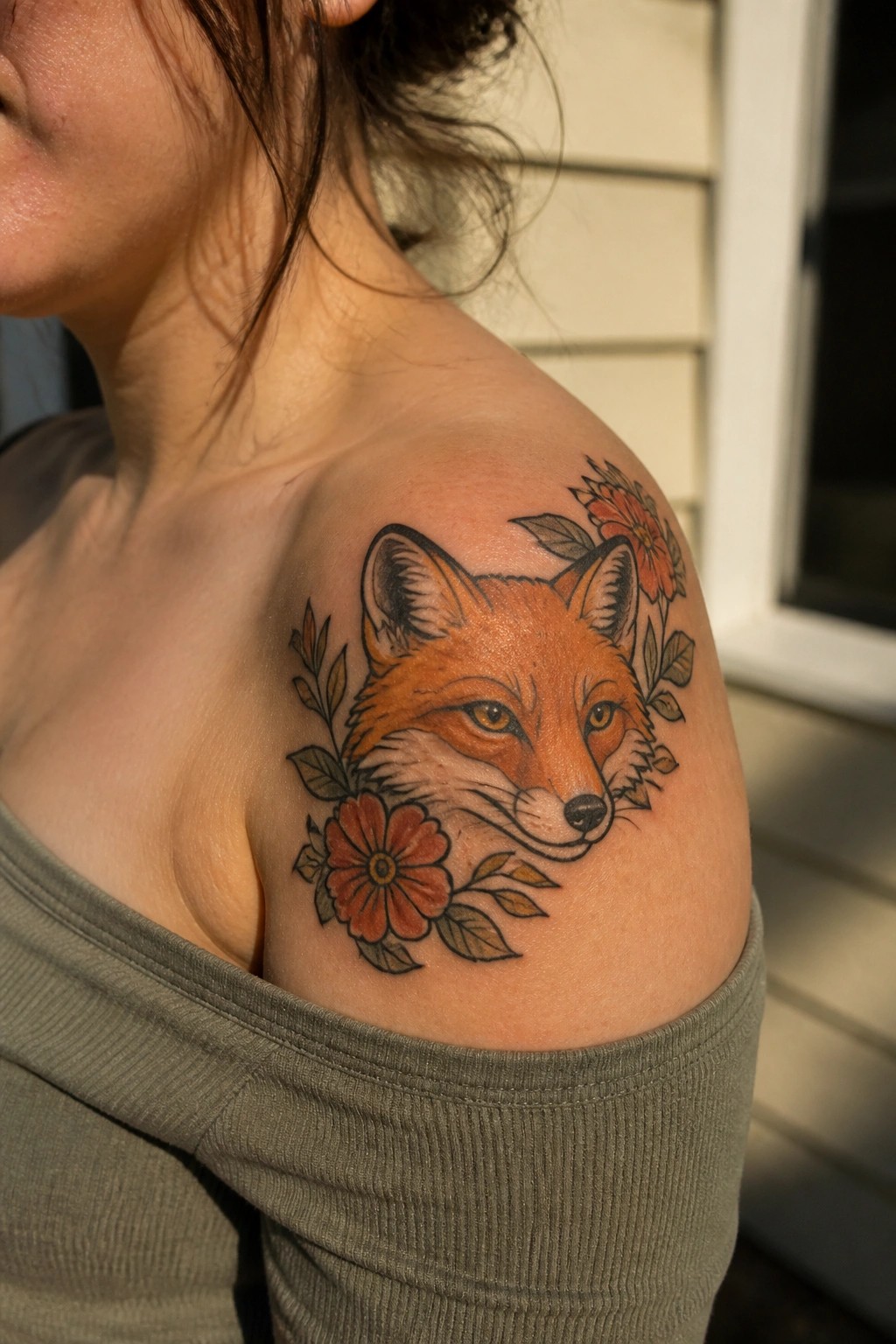 A fox head tattoo on a woman's shoulder surrounded by red flowers and leaves in a realistic style.