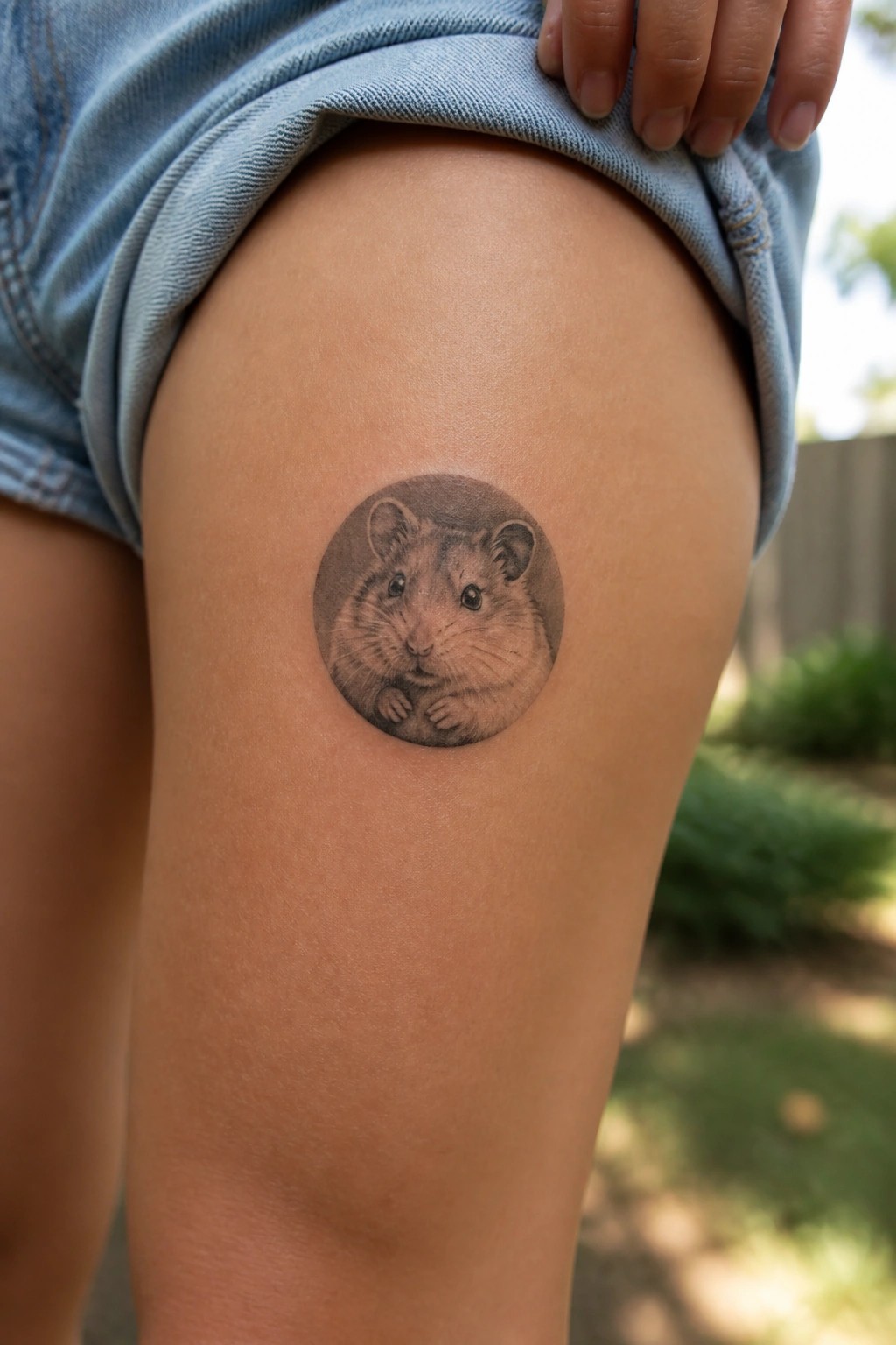Close up of a small circular black and gray hamster tattoo on the upper thigh, partially covered by denim shorts.
