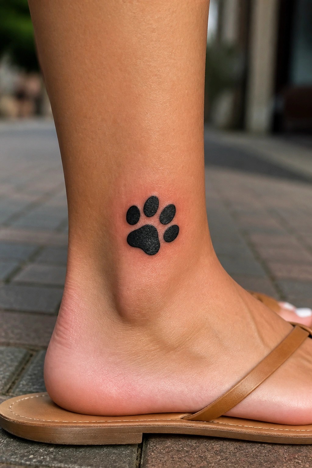 Small solid black paw print tattoo on the ankle of a person wearing a sandal.